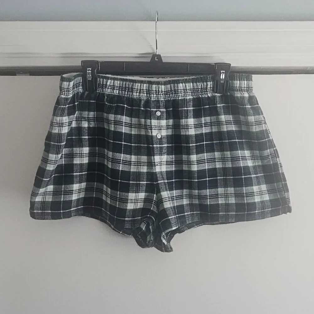 Colsie Blue Green Plaid Large Casual Pajama Shorts - Picture 2 of 6